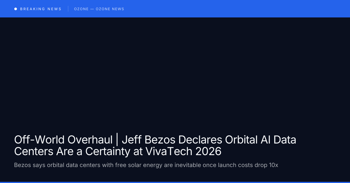 Jeff Bezos speaking at VivaTech 2026 with Blue Origin orbital data center concept on screen